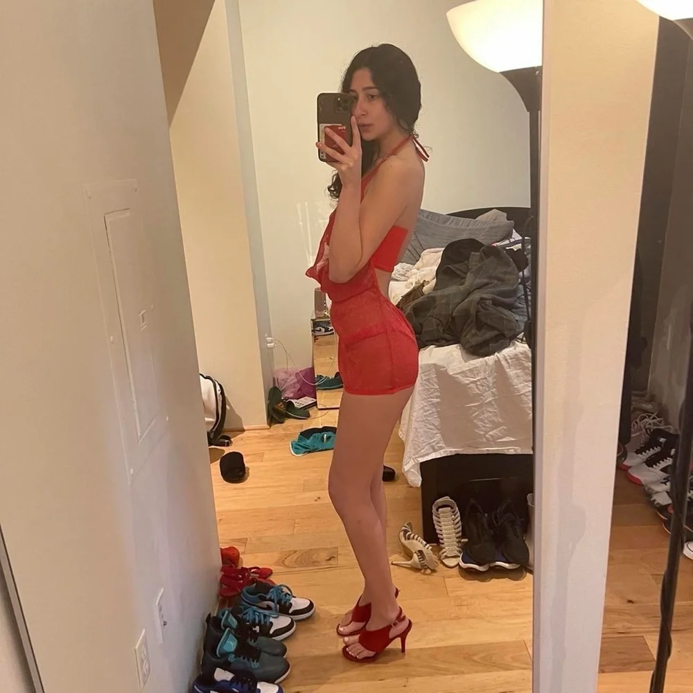 Vibrant Red Mesh Sparkly Mini Dress